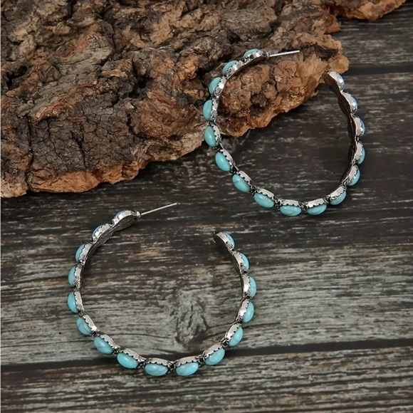 NEW Turquoise hoop earrings western style earrings boho chic jewelry, trendy - Picture 3 of 7